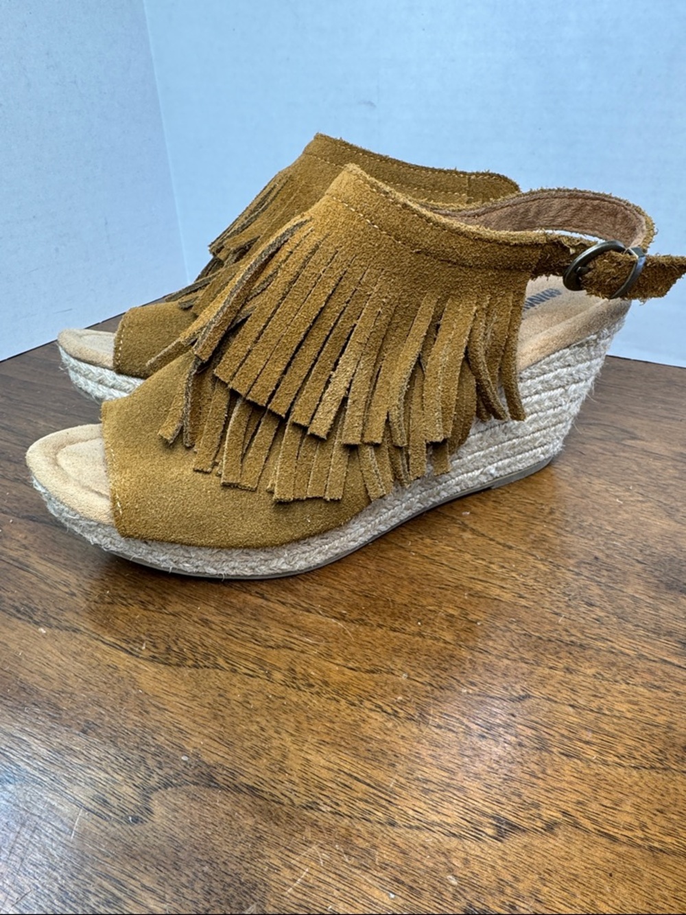 Minnetonka Ashley Leather Moccasins Fringe Espadrille Wedge Sandals, Womens sz 8